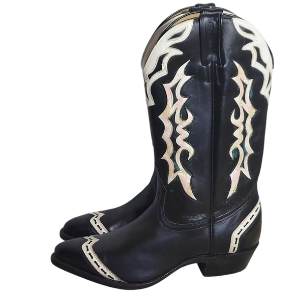 Boulet Black White Leather Glitter Overlays Pointed Toe Western Boots Women's - Picture 16 of 16